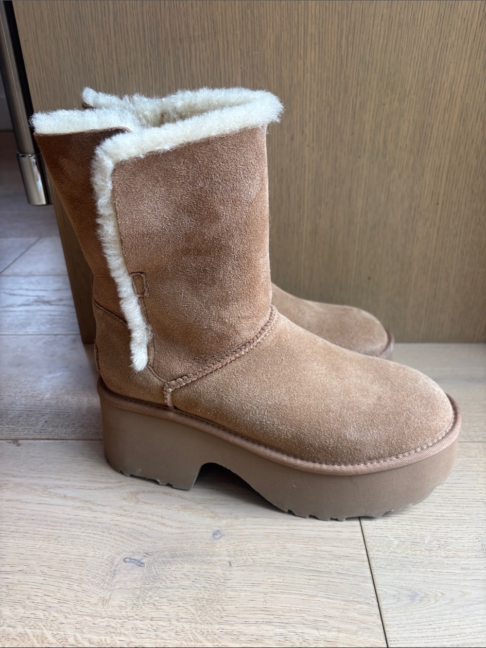 UGG Tan Suede Shearling Platform Ankle Boots